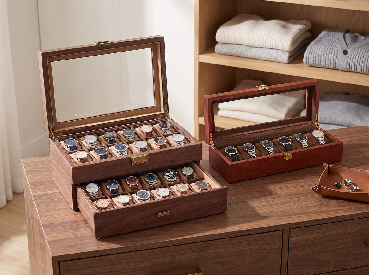 Boîtes à montres Cabinet 24 places et Rivoli 6 places ouvertes sur une commode en noyer, dans un dressing Image