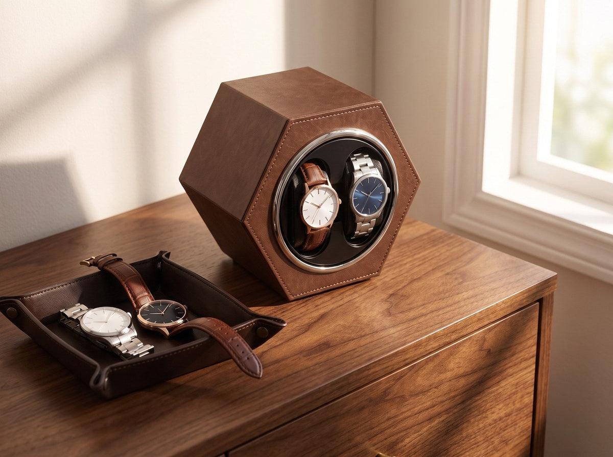 Remontoir automatique Alvéole marron à côté d'un vide-poche avec deux montres Image