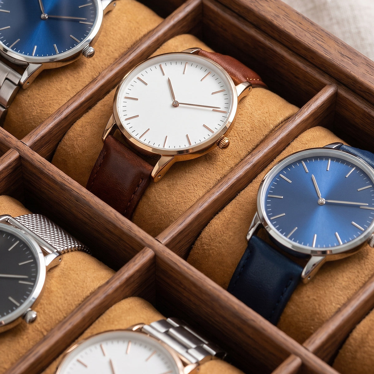 Boîte à montres Cabinet en gros plan, coussins camel et montres dans leurs compartiments