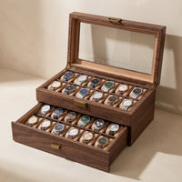 Boîte à montres 24 places Cabinet effet noyer ouverte, 12 montres sous verre et tiroir de 12