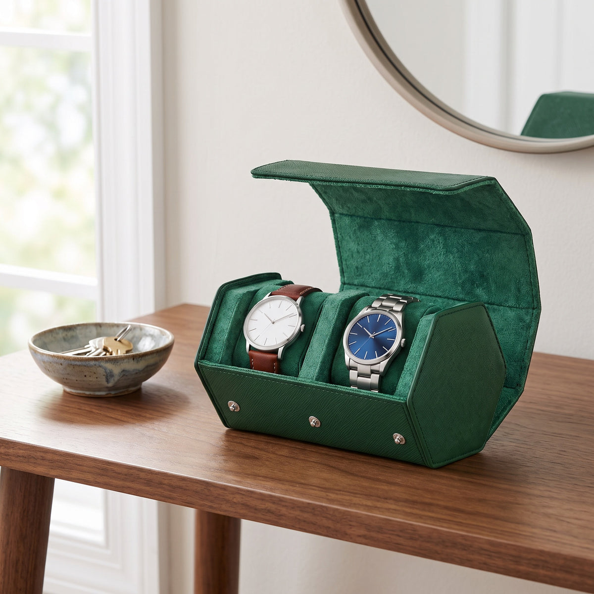 Écrin de voyage Sillage vert 2 places ouvert et garni de montres, posé sur une console d'entrée en noyer
