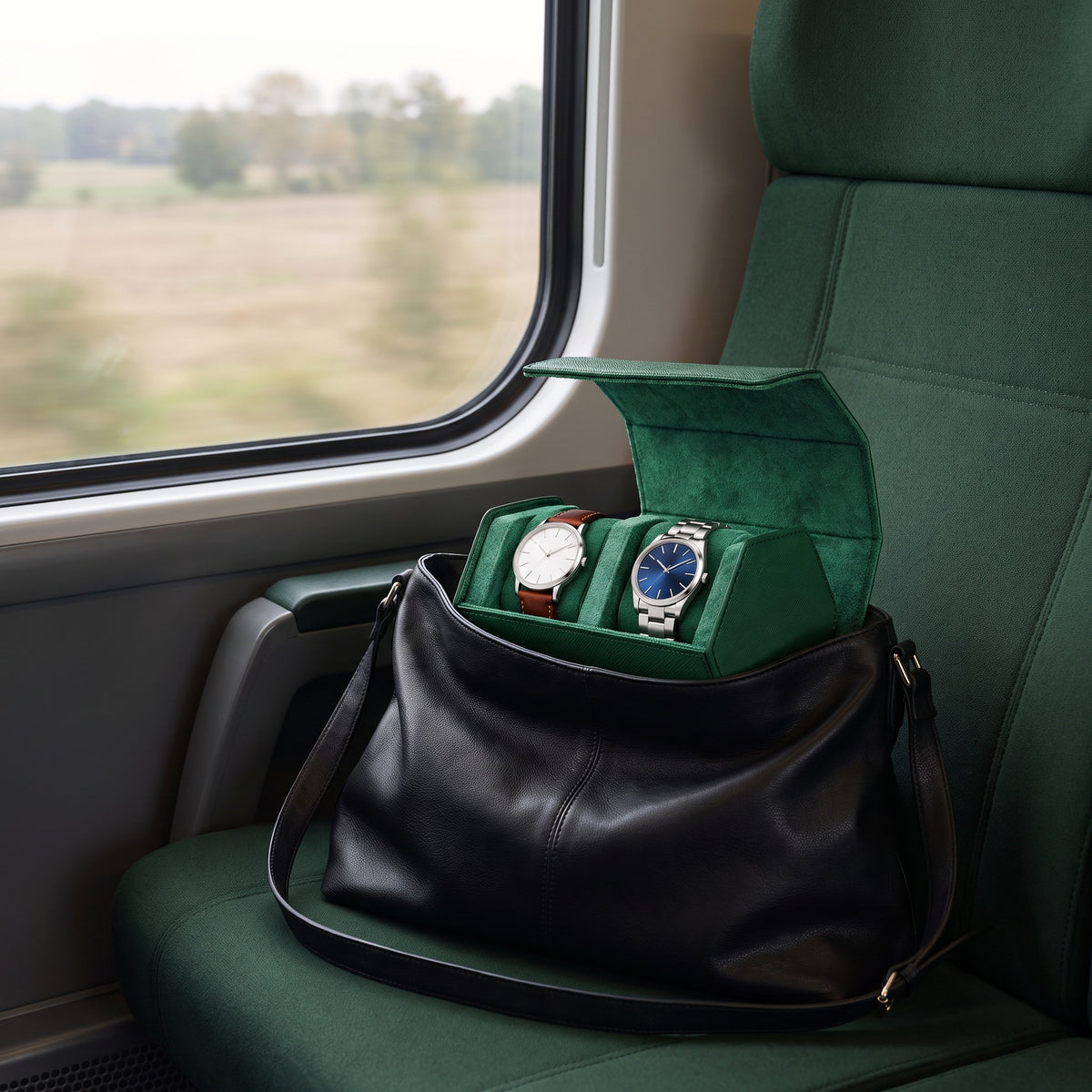 Écrin de voyage Sillage vert 2 places ouvert et garni de montres, rangé dans un sac à bandoulière en cuir, dans un train