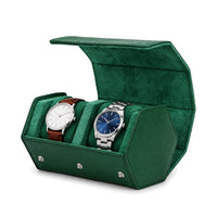 Écrin de voyage hexagonal pour 2 montres Sillage vert, ouvert et garni, montres sur une rangée