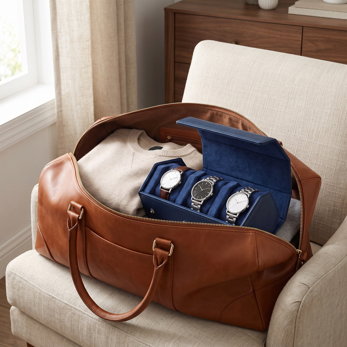 Écrin de voyage Sillage bleu 3 places ouvert et garni de montres, rangé dans un sac de voyage en cuir posé sur un fauteuil