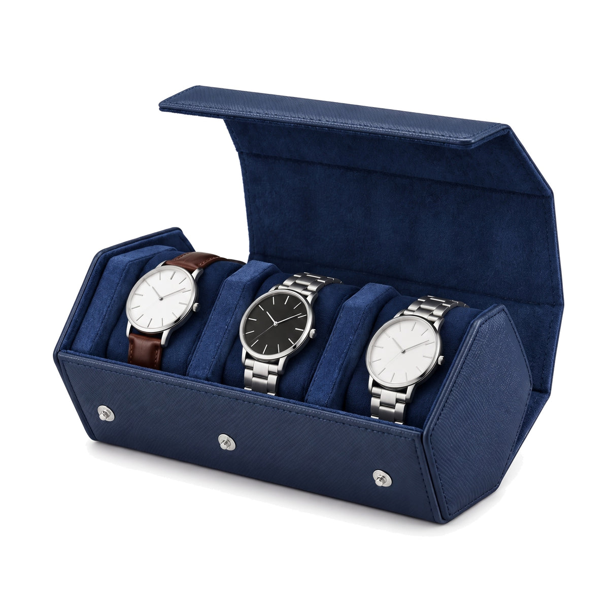 Écrin de voyage hexagonal pour 3 montres Sillage bleu, ouvert et garni, montres sur une rangée