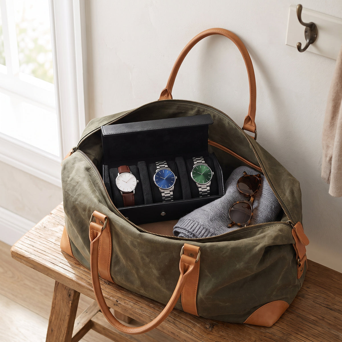 Écrin de voyage Sillage noir 3 places ouvert et garni de montres, rangé dans un sac en toile sur une banquette d'entrée