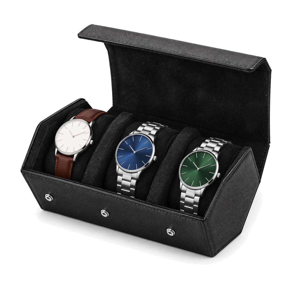 Écrin de voyage hexagonal pour 3 montres Sillage noir, ouvert et garni, montres sur une rangée