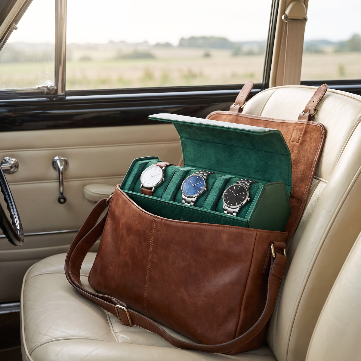 Écrin de voyage Sillage vert 3 places ouvert et garni de montres, rangé dans un sac besace en cuir, dans une voiture ancienne