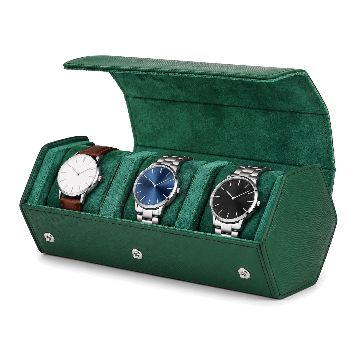 Écrin de voyage hexagonal pour 3 montres Sillage vert, ouvert et garni, montres sur une rangée