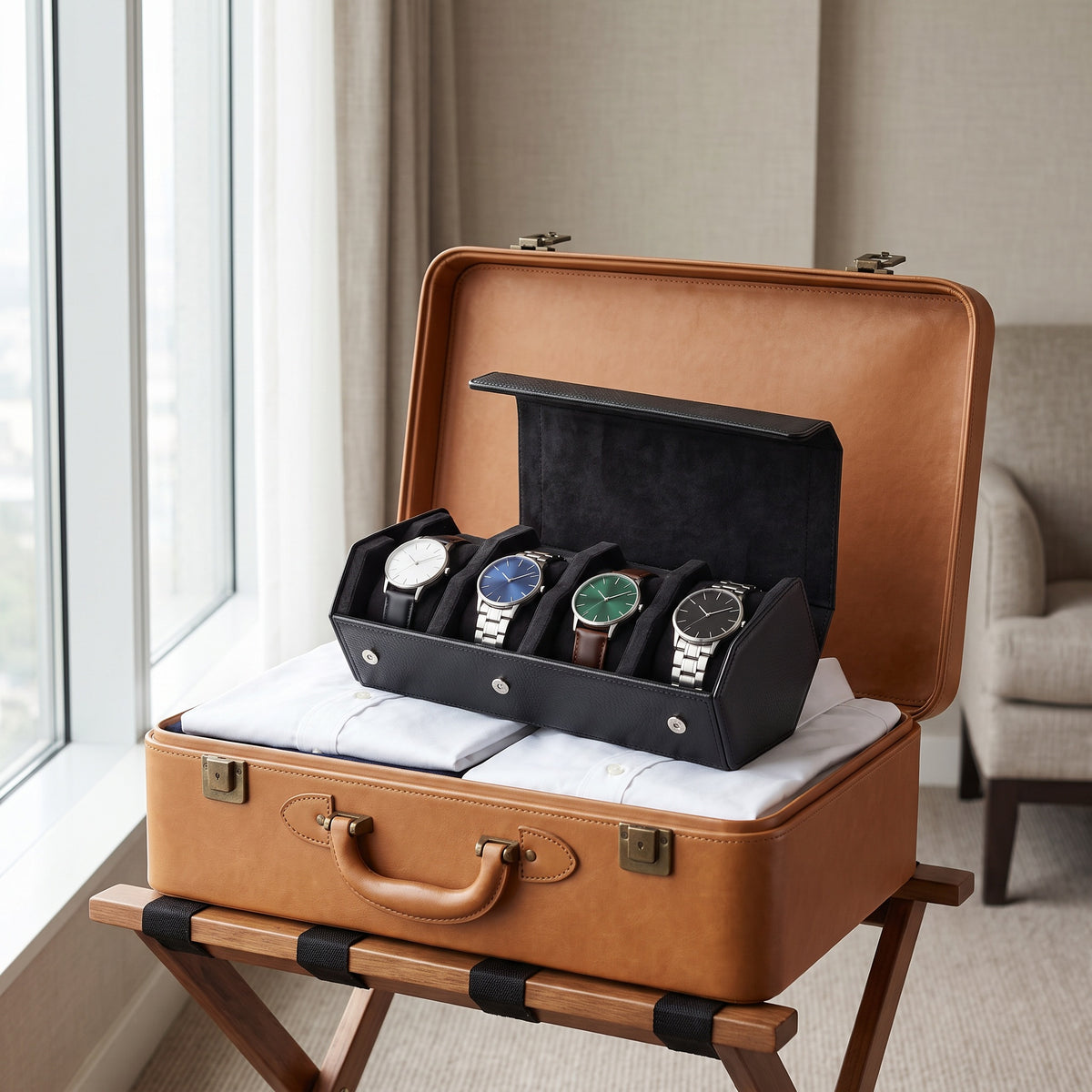 Écrin de voyage Sillage noir 4 places ouvert et garni de montres, rangé dans une valise en cuir, chambre d'hôtel