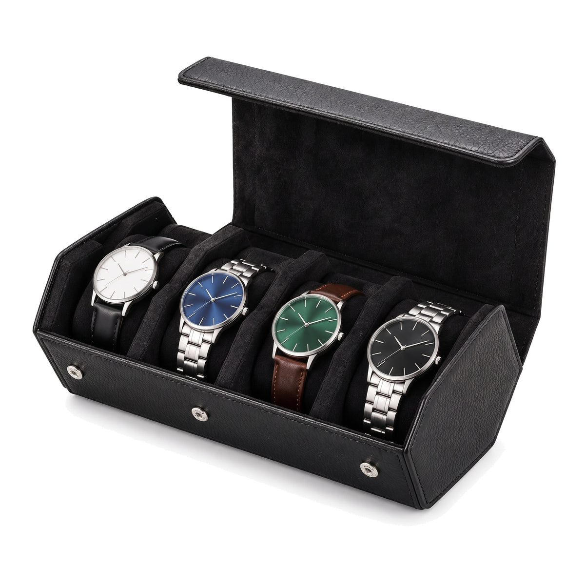 Écrin de voyage hexagonal pour 4 montres Sillage noir, ouvert et garni, montres sur une rangée