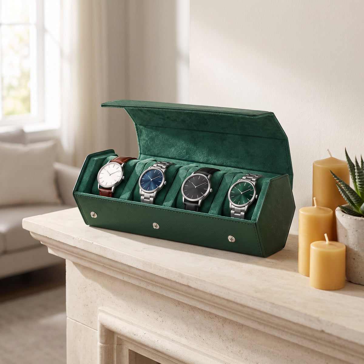Écrin de voyage Sillage vert 4 places ouvert et garni de montres, posé sur une cheminée de salon