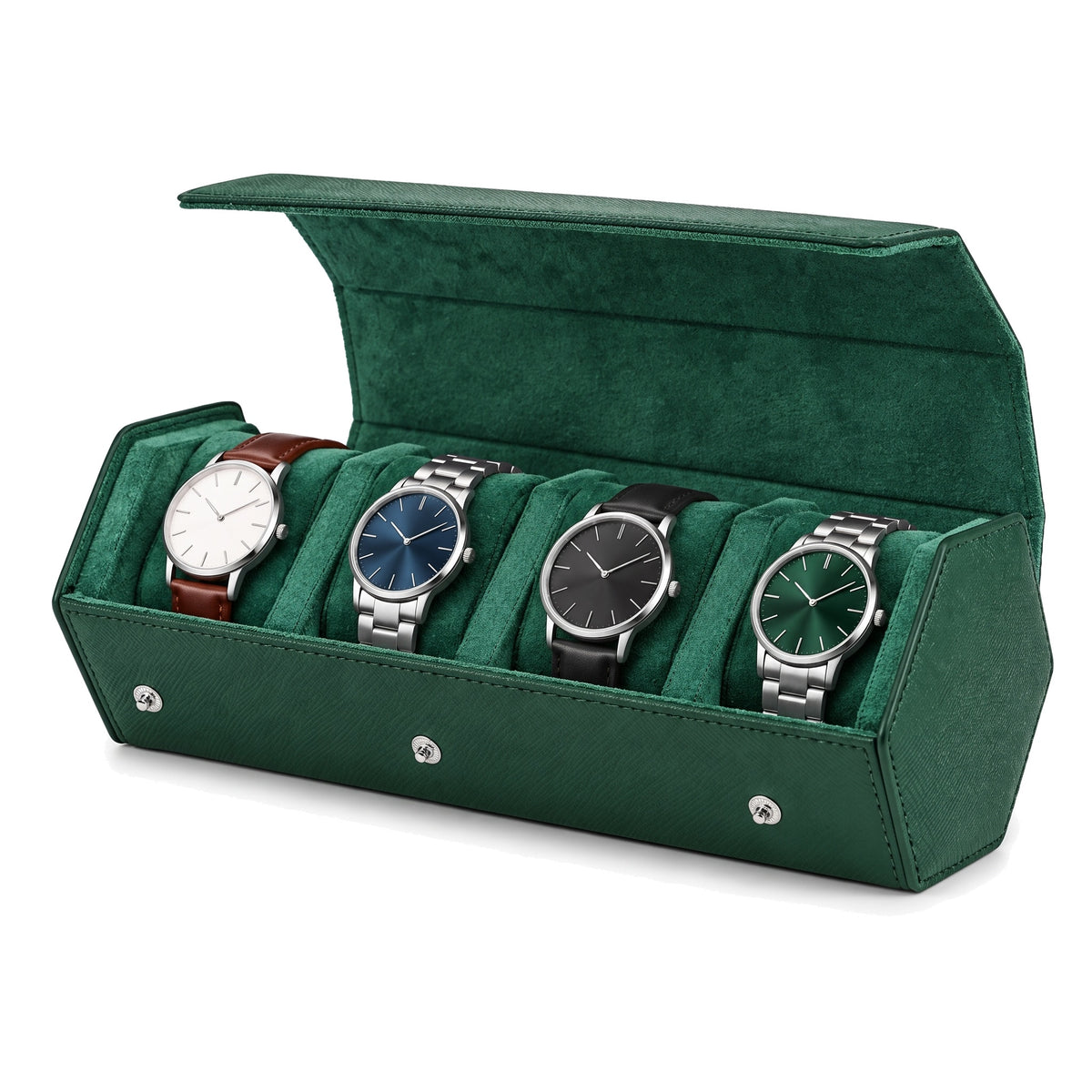 Écrin de voyage hexagonal pour 4 montres Sillage vert, ouvert et garni, montres sur une rangée