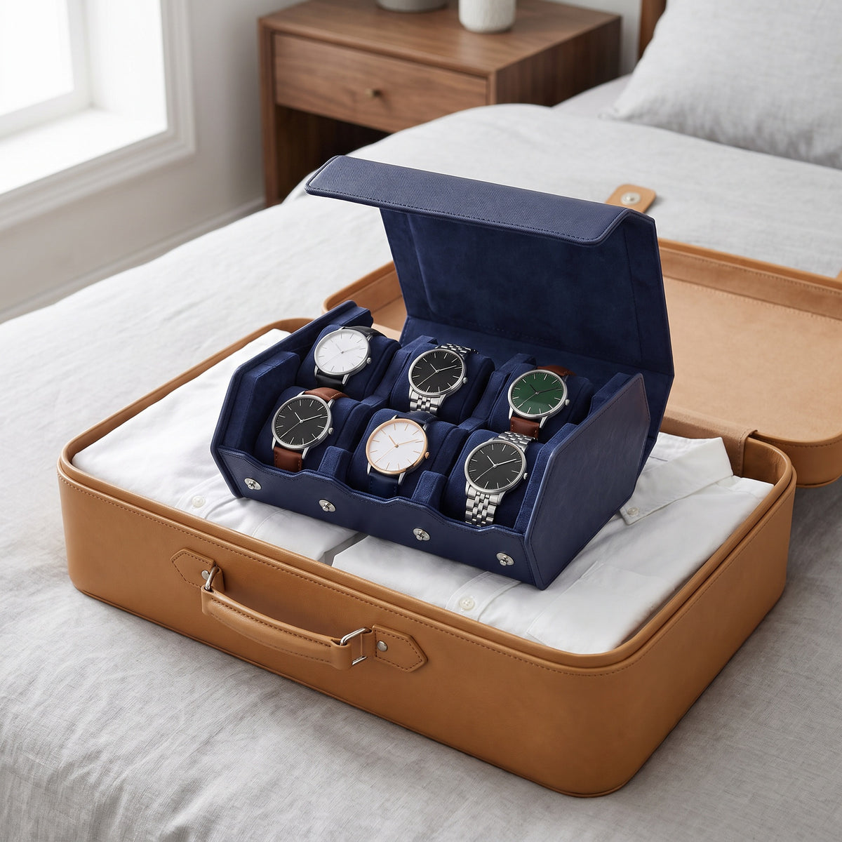 Écrin de voyage Sillage bleu 6 places ouvert et garni de montres, rangé dans une valise en cuir posée sur un lit