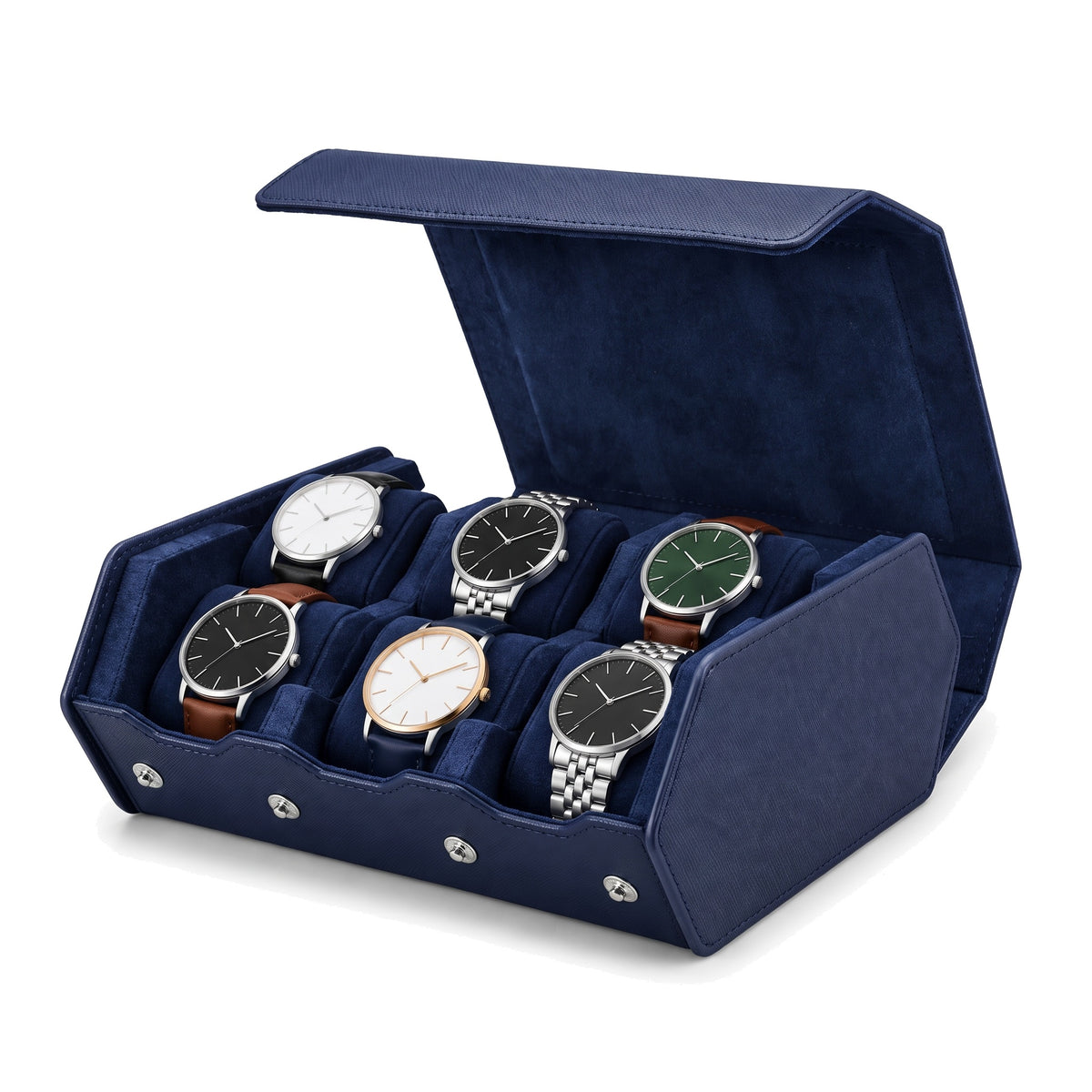 Écrin de voyage hexagonal pour 6 montres Sillage bleu, ouvert et garni, montres sur deux rangées