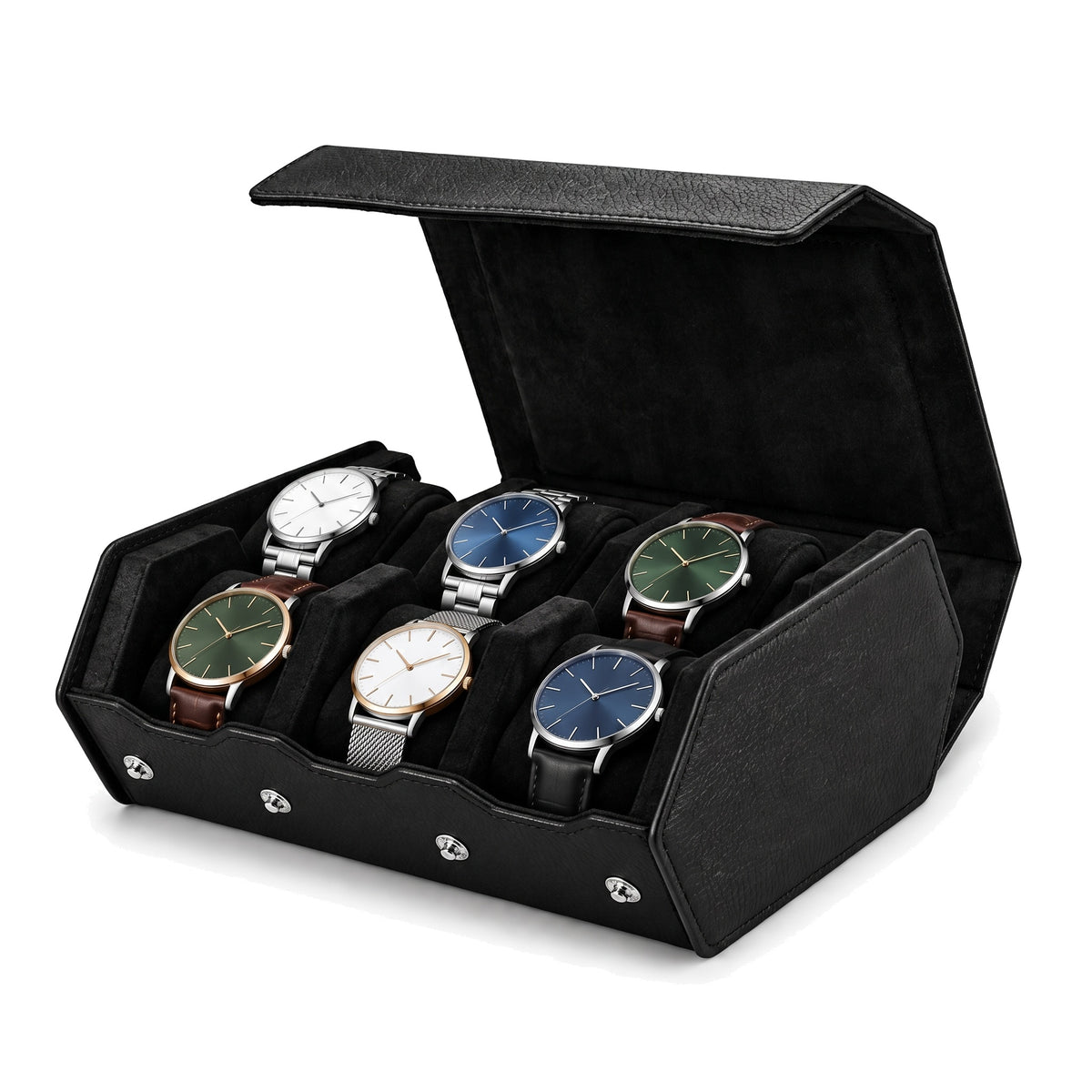 Écrin de voyage hexagonal pour 6 montres Sillage noir, ouvert et garni, montres sur deux rangées