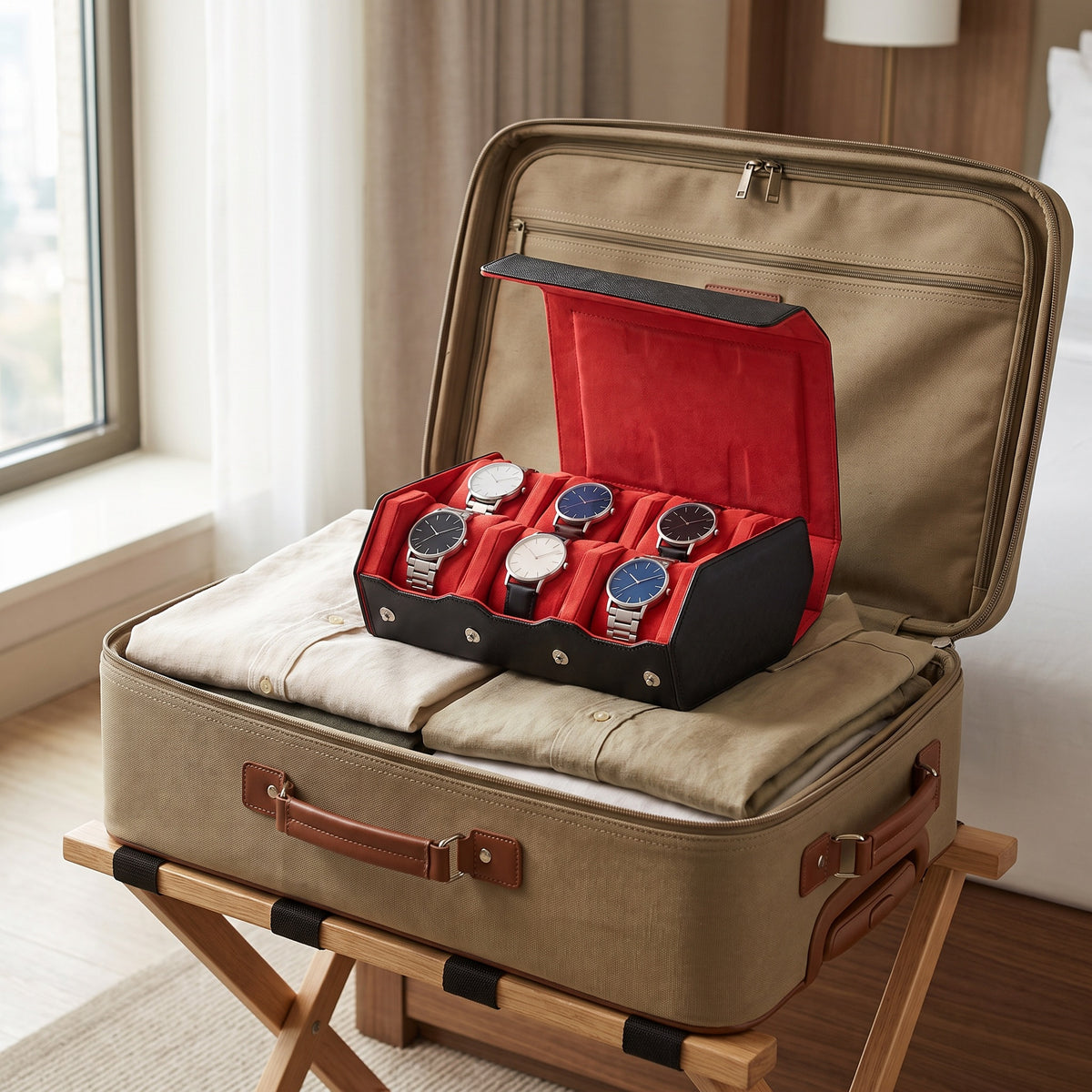 Écrin de voyage Sillage rouge et noir 6 places ouvert et garni de montres, rangé dans une valise en toile sur un porte-bagages d'hôtel
