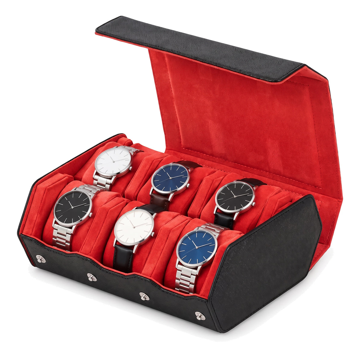 Écrin de voyage hexagonal pour 6 montres Sillage rouge et noir, intérieur rouge, ouvert et garni, montres sur deux rangées
