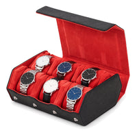 Écrin de voyage hexagonal pour 6 montres Sillage rouge et noir, intérieur rouge, ouvert et garni, montres sur deux rangées