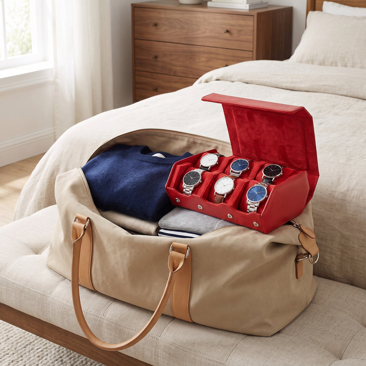Écrin de voyage Sillage rouge 6 places ouvert et garni de montres, rangé dans un sac de week-end en toile au pied du lit