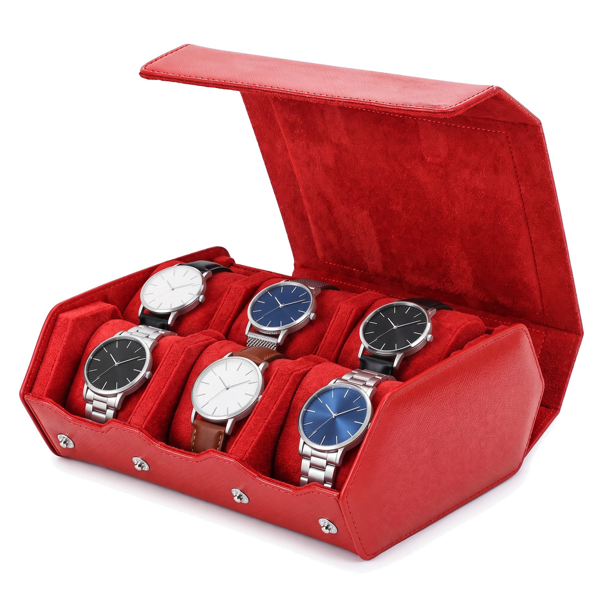 Écrin de voyage hexagonal pour 6 montres Sillage rouge, ouvert et garni, montres sur deux rangées
