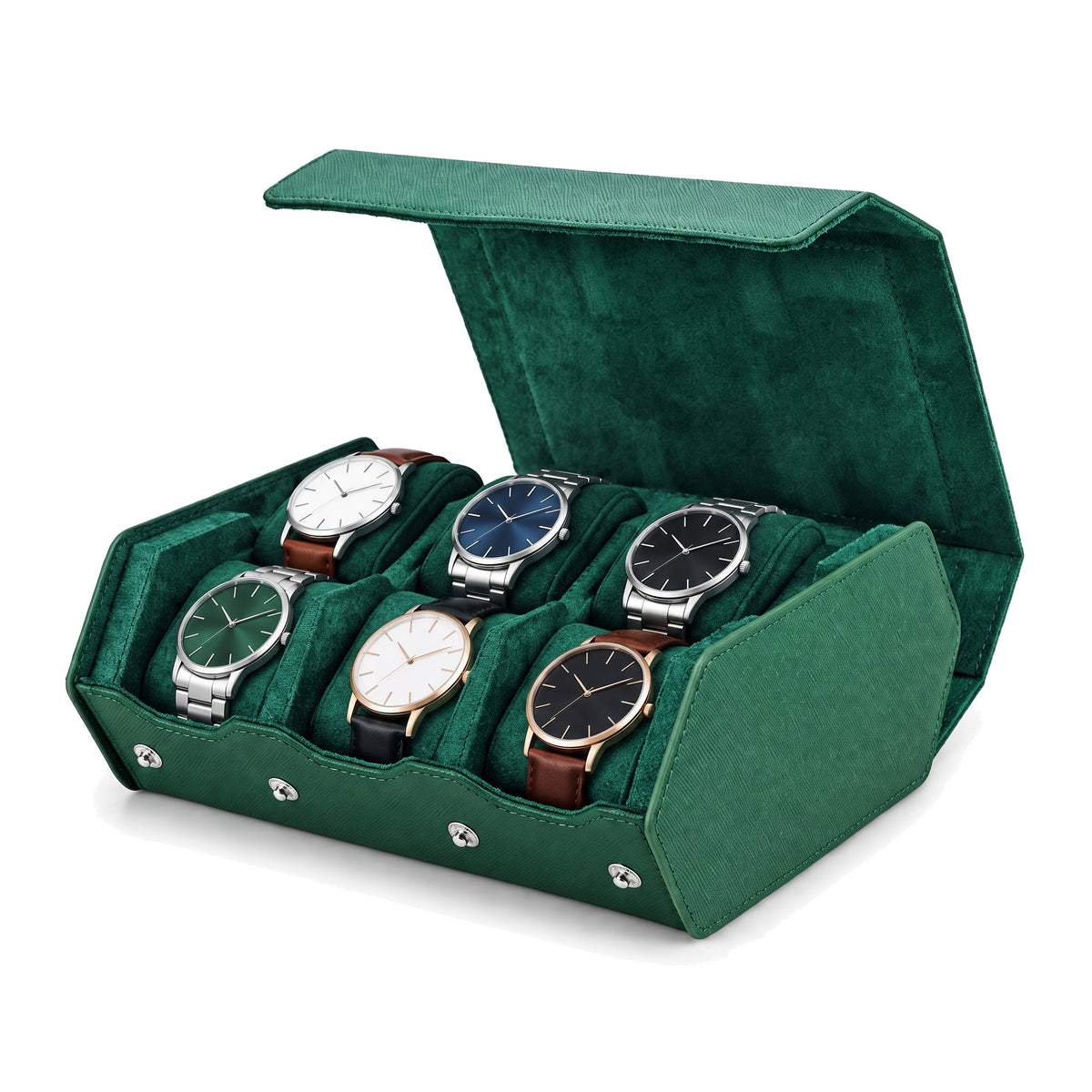 Écrin de voyage hexagonal pour 6 montres Sillage vert, ouvert et garni, montres sur deux rangées