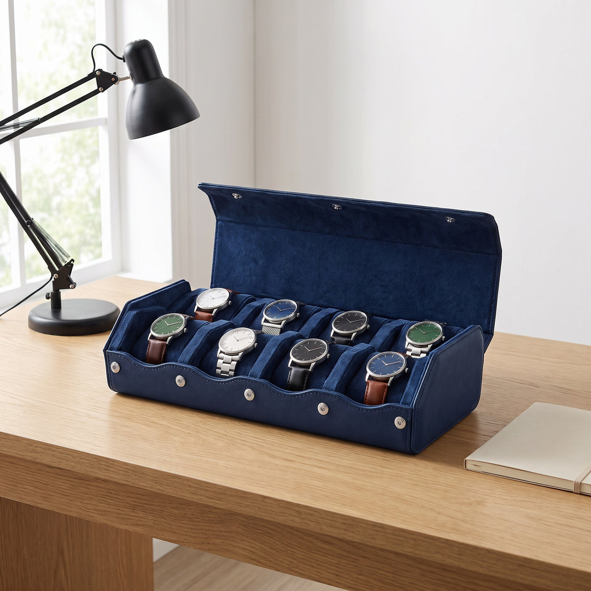 Écrin de voyage Sillage bleu 8 places ouvert et garni de montres, posé sur un bureau en chêne clair