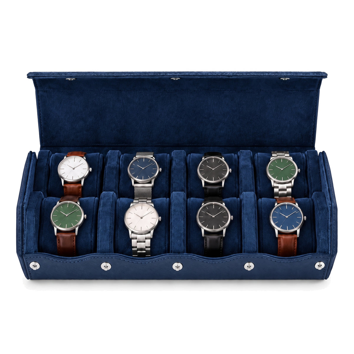 Écrin de voyage hexagonal pour 8 montres Sillage bleu vu de face, ouvert et garni, montres sur deux rangées