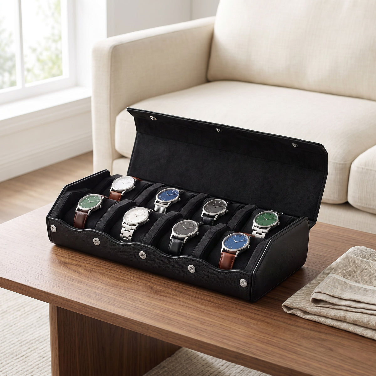Écrin de voyage Sillage noir 8 places ouvert et garni de montres, posé sur une table basse de salon en noyer