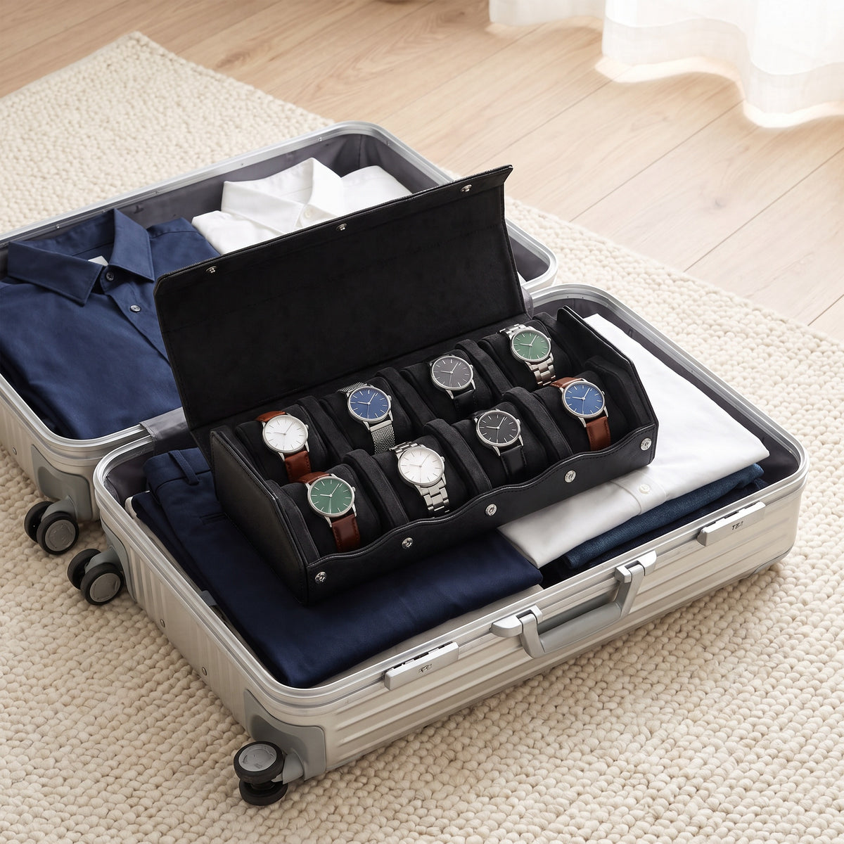Écrin de voyage Sillage noir 8 places ouvert et garni de montres, rangé dans une valise rigide en aluminium