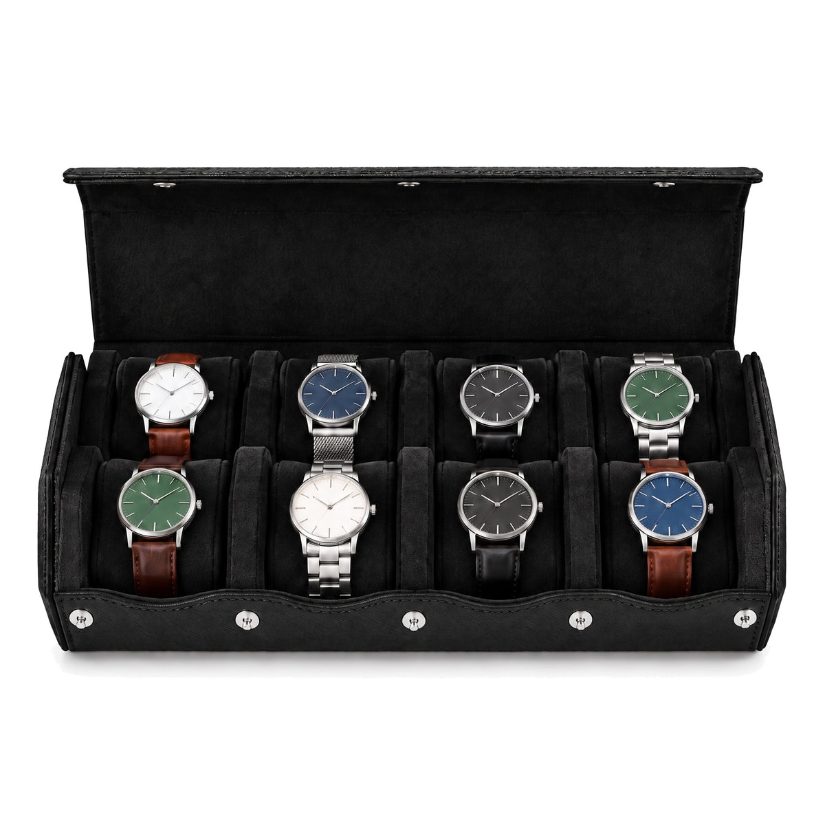 Écrin de voyage hexagonal pour 8 montres Sillage noir vu de face, ouvert et garni, montres sur deux rangées