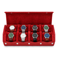 Écrin de voyage hexagonal pour 8 montres Sillage rouge vu de face, ouvert et garni, montres sur deux rangées