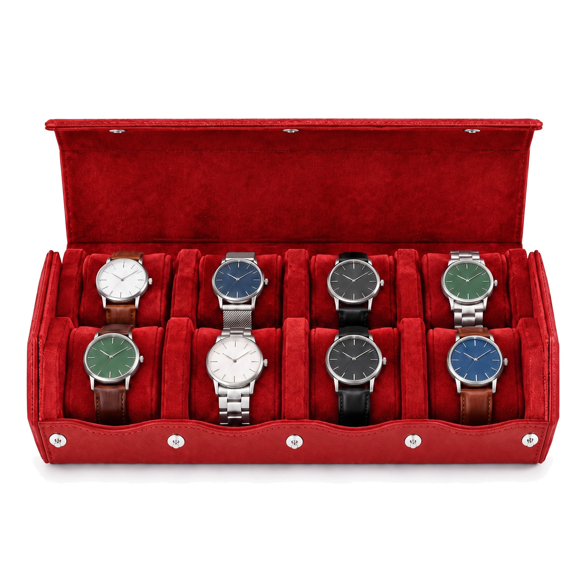Écrin de voyage hexagonal pour 8 montres Sillage rouge vu de face, ouvert et garni, montres sur deux rangées