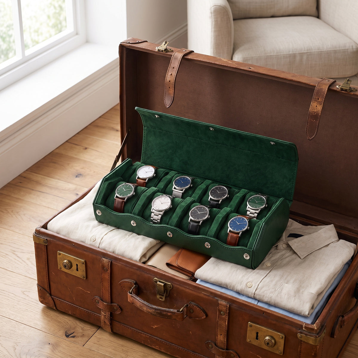 Écrin de voyage Sillage vert 8 places ouvert et garni de montres, rangé dans une malle-valise ancienne en bois et cuir