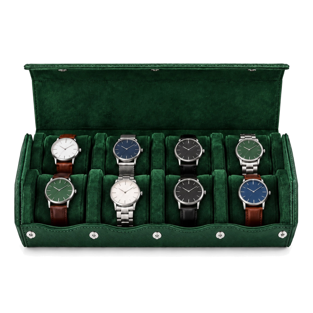 Écrin de voyage hexagonal pour 8 montres Sillage vert vu de face, ouvert et garni, montres sur deux rangées
