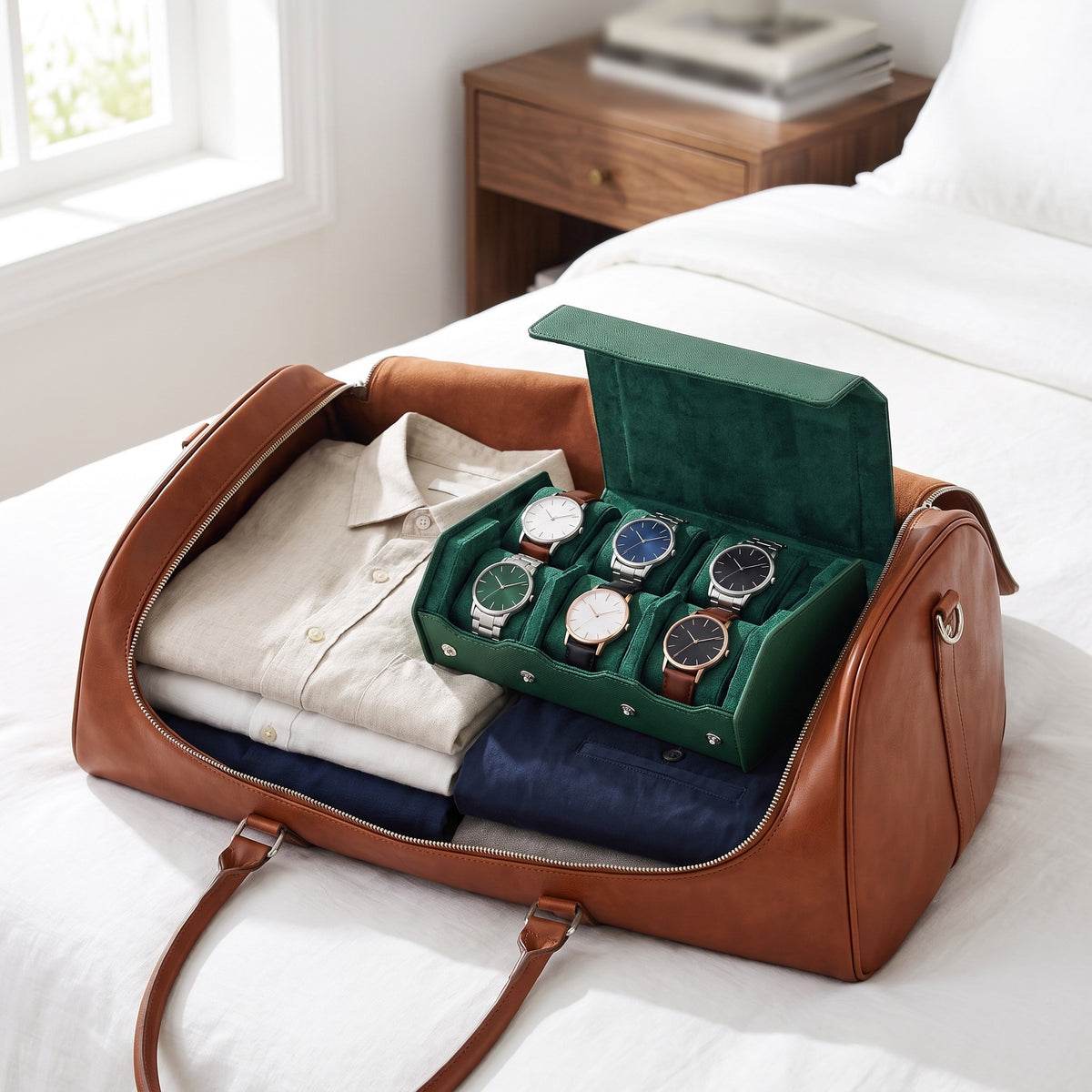 Écrin de voyage Sillage vert 6 places ouvert et garni de montres, rangé dans un sac de week-end en cuir