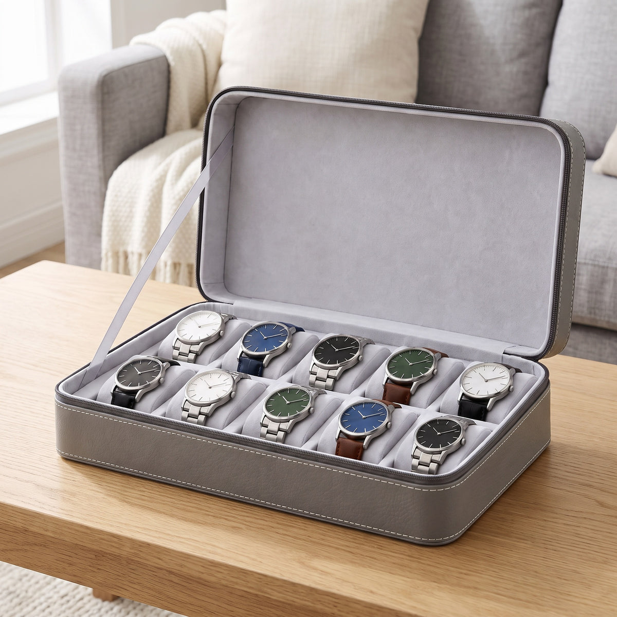 Étui de voyage pour 10 montres Voyageur gris ouvert, posé sur une table basse de salon en chêne clair