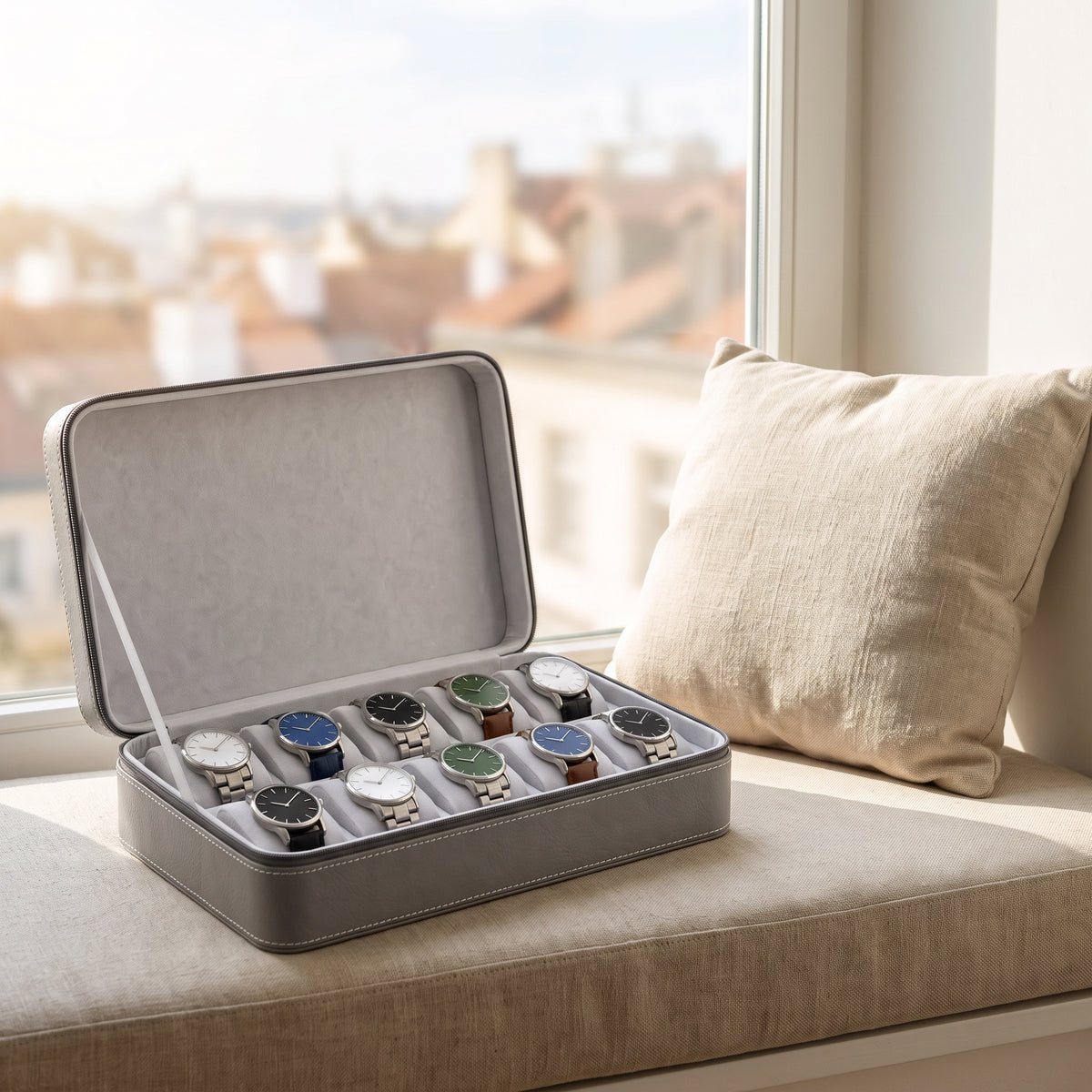 Étui de voyage pour 10 montres Voyageur gris ouvert, posé sur la banquette de fenêtre d'une chambre d'hôtel
