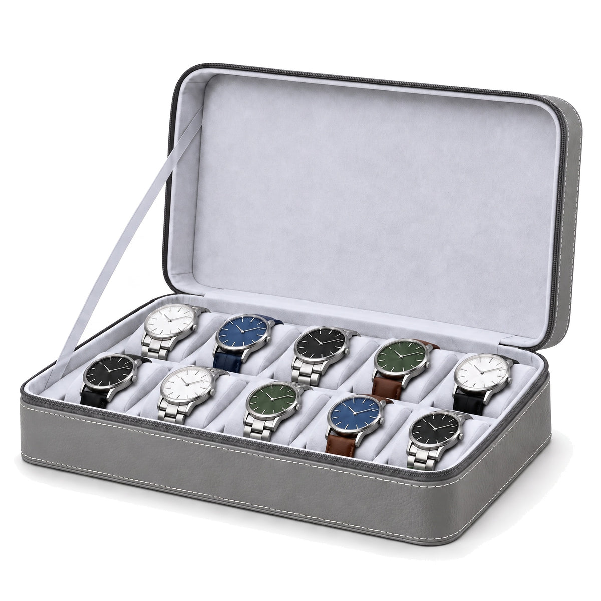 Étui de voyage zippé pour 10 montres Voyageur gris ouvert, garni de montres sur deux rangées