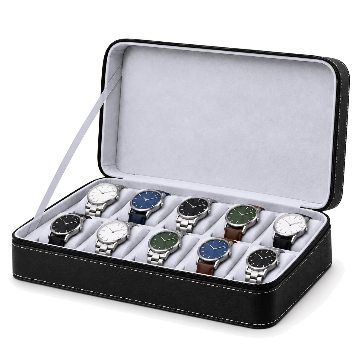 Étui de voyage zippé pour 10 montres Voyageur noir ouvert, garni de montres sur deux rangées