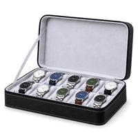 Étui de voyage zippé pour 10 montres Voyageur noir ouvert, garni de montres sur deux rangées