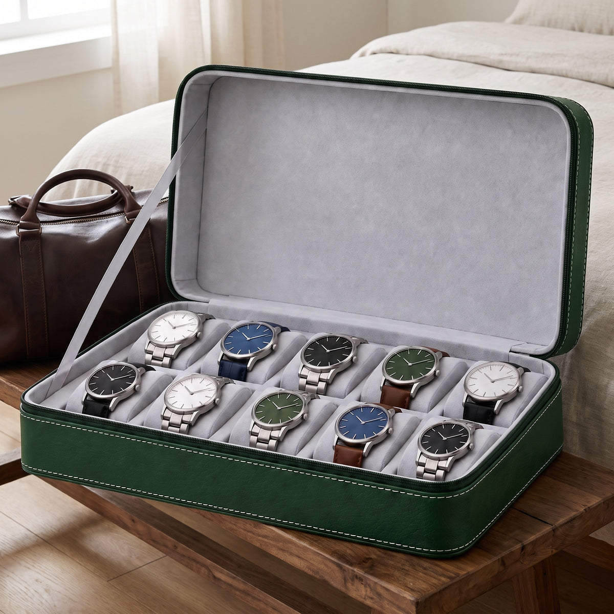 Étui de voyage pour 10 montres Voyageur vert ouvert, posé sur un banc au pied du lit, à côté d'un sac de voyage en cuir