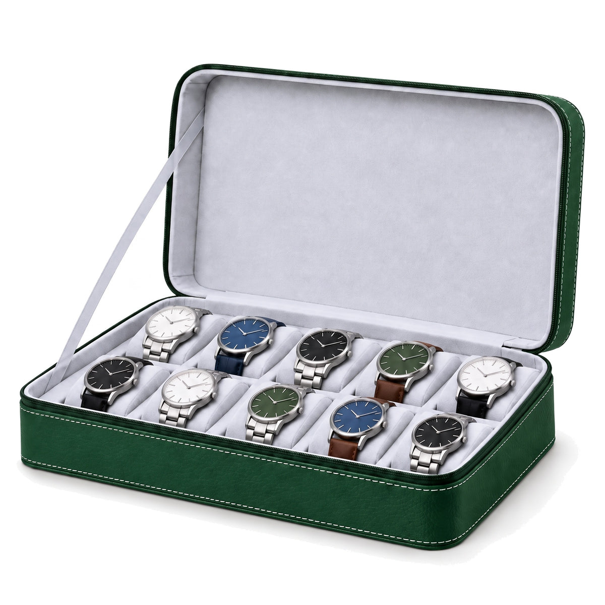 Étui de voyage zippé pour 10 montres Voyageur vert ouvert, garni de montres sur deux rangées