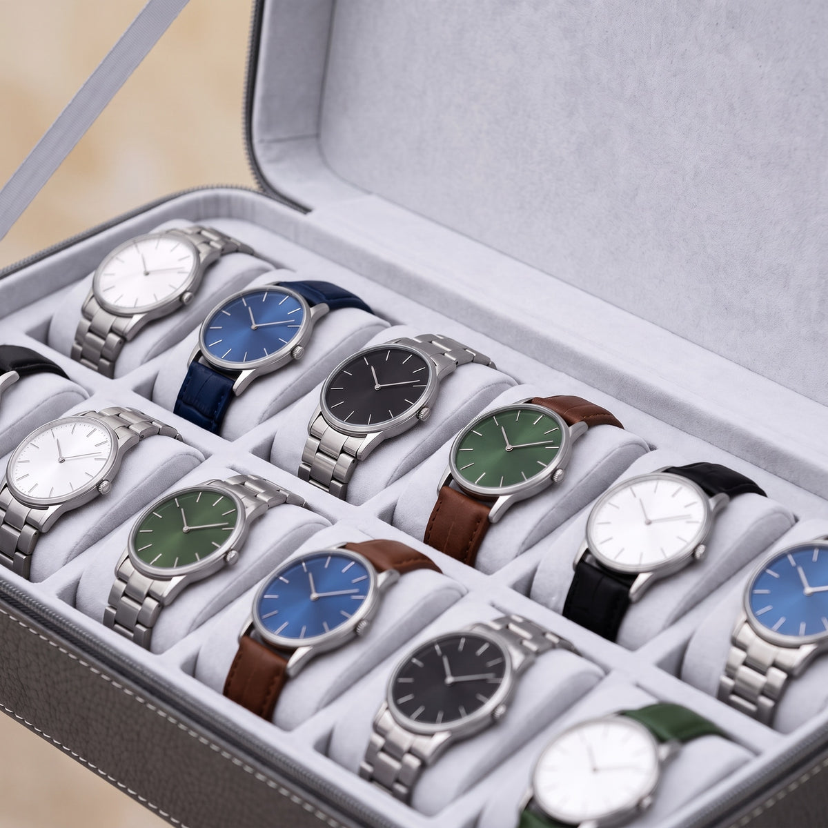 Étui de voyage pour 12 montres Voyageur gris, gros plan sur les coussins et les montres