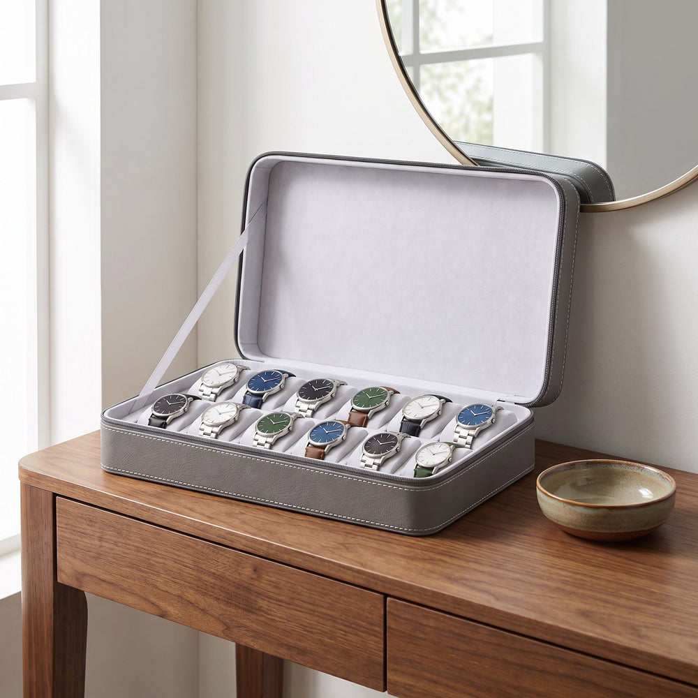 Étui de voyage pour 12 montres Voyageur gris ouvert, posé sur une console d'entrée en noyer