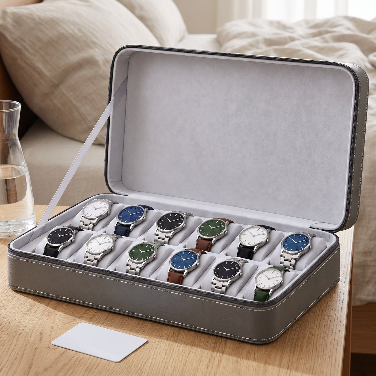 Étui de voyage pour 12 montres Voyageur gris ouvert, posé sur la table de nuit d'une chambre d'hôtel