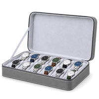Étui de voyage zippé pour 12 montres Voyageur gris ouvert, garni de montres sur deux rangées