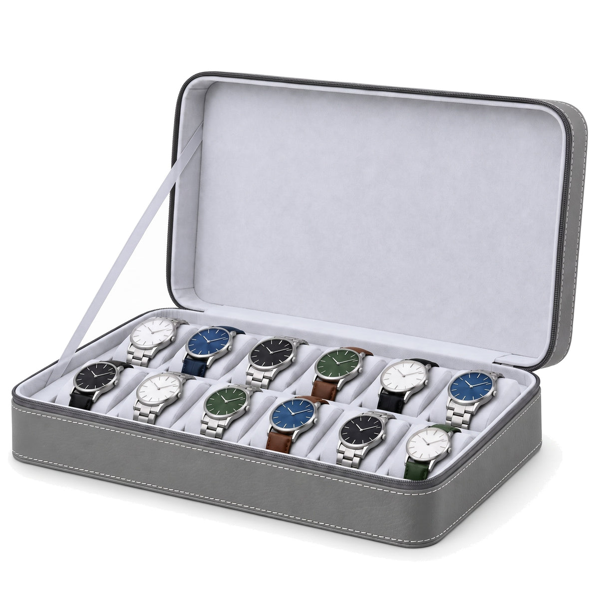 Étui de voyage zippé pour 12 montres Voyageur gris ouvert, garni de montres sur deux rangées