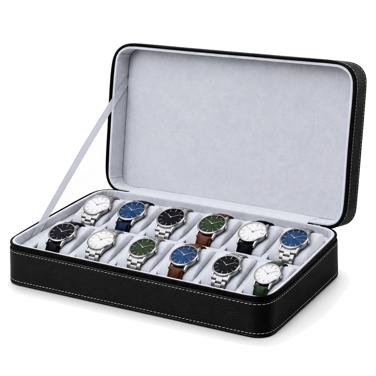 Étui de voyage zippé pour 12 montres Voyageur noir, coussins gris clair sur deux rangées