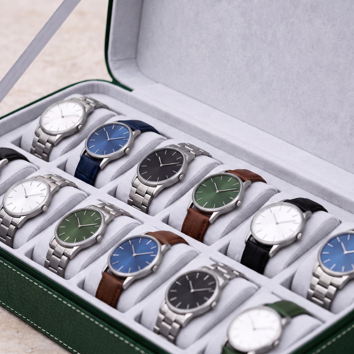 Étui de voyage pour 12 montres Voyageur vert, gros plan sur les coussins et les montres